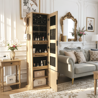 Sunvega 360-Degree Rotating Makeup Jewelry Cabinet with Full-Length Mirror and Coat Rack