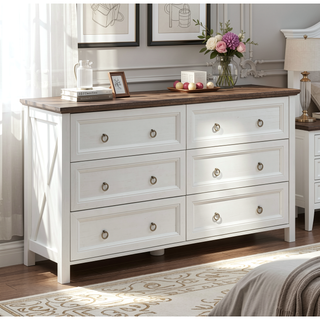 Sunvega Farmhouse Wood Rustic Wide Chest of 6 Drawers Dresser for Bedroom Living Room