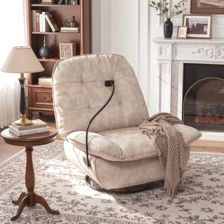 Sunvega Ivory Gold-Stamped Velvet Recliner with Swivel Gliding Rocking and Mobile Phone Holder