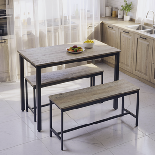 Sunvega Industrial Natural and White Dining Table Set with 2 Benches for Kitchen