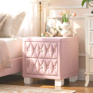Sunvega Pink Velvet Nightstand with Crystal Knob Handles and Two Spacious Drawers