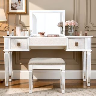 Sunvega Mirrored Vanity Desk with Stool, Flip Up Mirror and Drawers for Bedroom Makeup Room