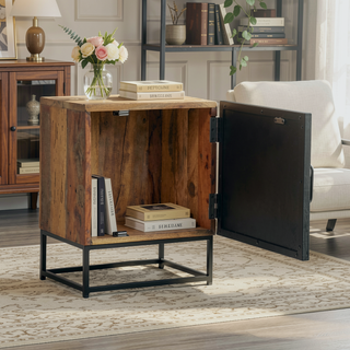 Sunvega Handcrafted Recycled Wood Boho Nightstand with Iron Frame and Storage