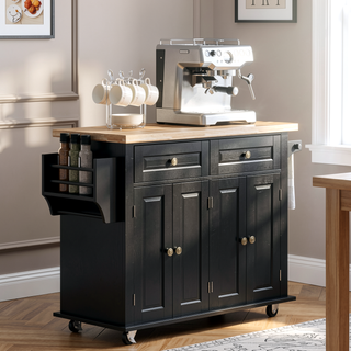 Sunvega Kitchen Island Cart on Wheels with Rubberwood Top Spice Rack and Drawers