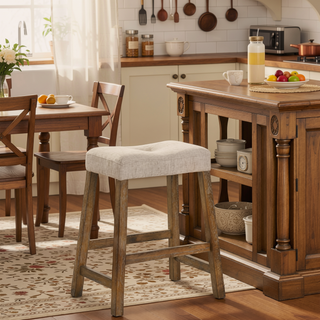 Sunvega Distressed Wooden Farmhouse Barstools with Faux Leather Seat, Counter-Height