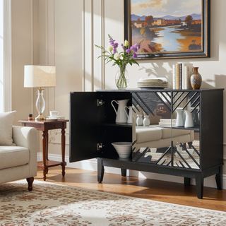 Sunvega Mid Century Modern Fluted Sideboard with Geometric Pattern and Adjustable Shelves