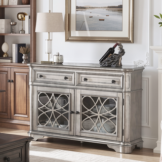 Sunvega Contemporary Silver Finish Server Cabinet with 2 Drawers and Glass Doors