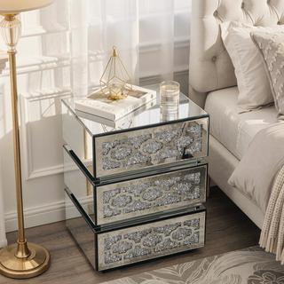 Sunvega Modern Mirrored Nightstand with 3 Drawers and Crystal Handles for Bedroom