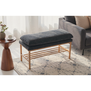 Sunvega Linen Upholstered Storage Bench with Shelf and Metal Legs for Bedroom Entryway