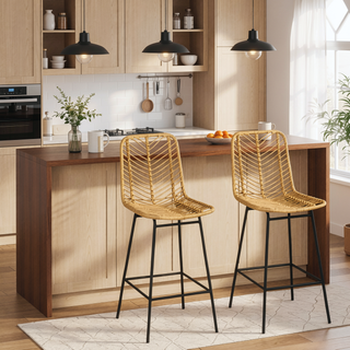 Sunvega Set of 4 Rattan Bar Stools with Breathable Wicker Seat and Back for Kitchen