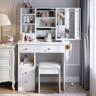 Sunvega Small Size Left Drawer Vanity Table with Adjustable LED Mirror and Stool