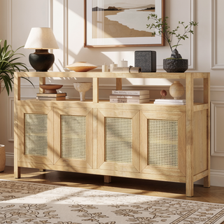 Sunvega Bohemian Style Rattan Buffet Cabinet with Solid Wood Frame and Adjustable Shelves for Living Dining Rooms