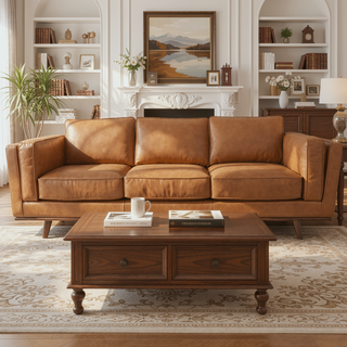 Sunvega Mid Century Modern Top Grain Leather Sofa with High Feet for Living Room