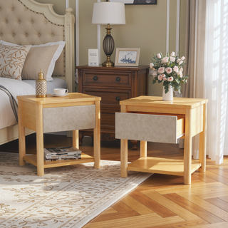 Sunvega Modern Farmhouse Nightstand with Drawer and Open Shelf for Bedroom or Living Room