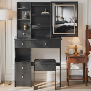 Sunvega Small Size Left Drawer Vanity Table with Adjustable LED Mirror and Stool