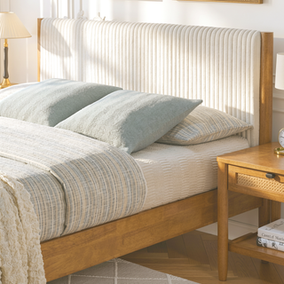 Sunvega Rubberwood Queen Bedroom Set with Corduroy Upholstered Bed Dresser Mirror Nightstand