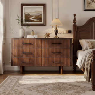 Sunvega Mid Century Modern Walnut Dresser with 6 Spacious Solid Wood Drawers