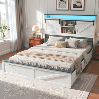 Sunvega Farmhouse Full Size Bed Frame with Storage Headboard, Drawers, Charging Station & LED Lights