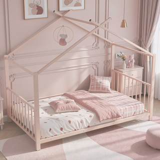 Sunvega Adorable Pink Twin Size Metal House Platform Bed Frame for Kids