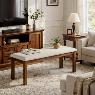 Sunvega Transitional Brown Finish Wood Frame Dining Bench with Beige Upholstered Seat