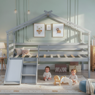 Sunvega Twin Low Loft House Bed with Slide Ladder Safety Guardrails and Roof Frame
