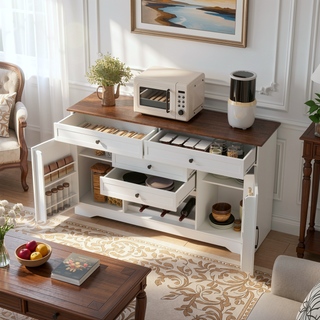 Sunvega Modern Farmhouse White Buffet Cabinet with Hutch for Kitchen Storage and Dining Room