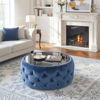 Sunvega Modern Glam Velvet Ottoman with Tempered Glass Top and Button Tufting