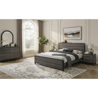 Sunvega Antique Grey Finish Wood King Bed Set with Dresser Mirror Nightstand Chest
