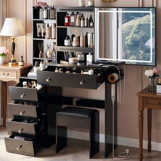 Sunvega 37 Inch Left Bedside Vanity Table with Cushioned Stool and Sliding Mirror
