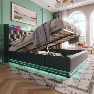 Sunvega Full Size Upholstered Bed with 360 LED Lighting Hydraulic Storage and USB Charging