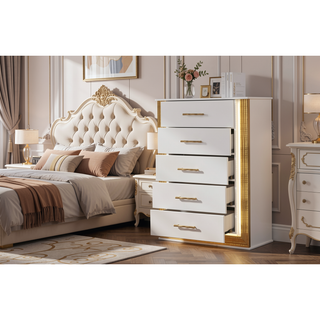 Sunvega Modern White and Gold Finish Five-Drawer Chest with LED Lights
