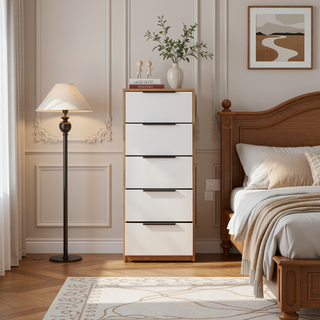 Sunvega 42 Inch High Five Drawer Vertical Dresser in White and Light Oak