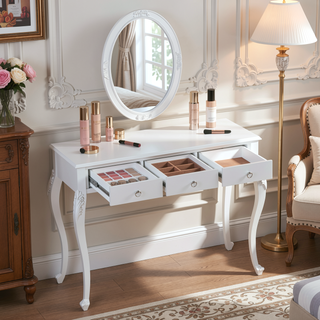 Sunvega Elegant Makeup Vanity Desk with Oval Mirror and 3 Drawers for Bedroom