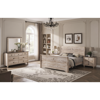 Sunvega White Wash Finish Queen Sleigh Bed Dresser Mirror Nightstand Chest Set