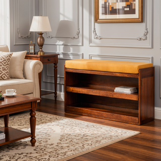 Sunvega Solid Mango Wood Buffalo Tan Leather Shoe Storage Cabinet with Two Pull-Out Drawers