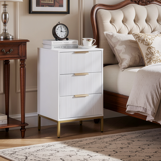 Sunvega Mid-Century Modern Nightstand with Wavy Drawer Panels and Gold Metal Accents