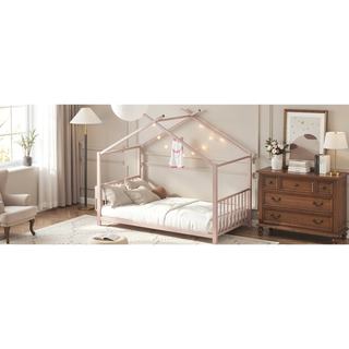 Sunvega Adorable Pink Twin Size Metal House Platform Bed Frame for Kids