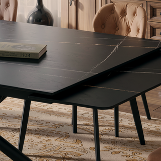 Sunvega Retractable Sintered Stone Dining Table with Black Carbon Steel Legs for 6-8 Seats
