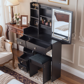 Sunvega Small Space Vanity Table with Cushioned Stool and Extra Large Sliding Mirror