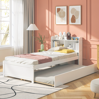 Sunvega White Twin Trundle Bed with Storage Headboard and Bookcase