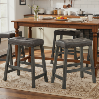 Sunvega Distressed Wooden Farmhouse Barstools with Faux Leather Seat, Counter-Height