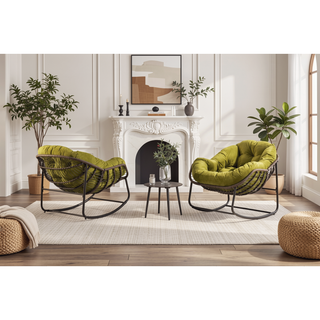 Sunvega Oversized Outdoor Rattan Rocking Chair with Padded Cushion and Steel Frame
