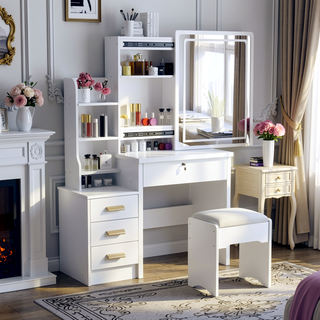 Sunvega White Vanity Desk with Mirror and Lights for Makeup and Chair