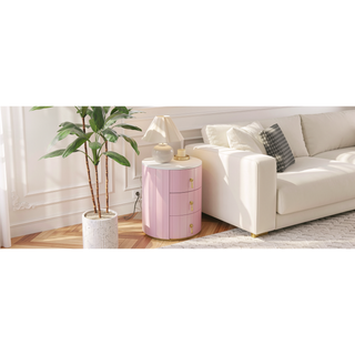 Sunvega Upholstered Round Nightstand with 3 Drawers and Marbling Top