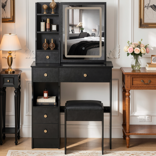 Sunvega Small Size Left Drawer Vanity Table with Adjustable LED Mirror and Stool
