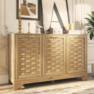 Sunvega Mid-Century Wood Storage Cabinet with 3 Woven Doors and Adjustable Shelf