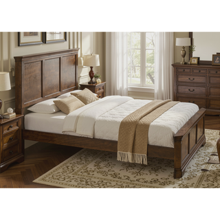 Sunvega Traditional Wood Panel Bed Set with Dresser Mirror and Two Nightstands