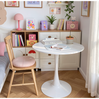 Sunvega Modern Round Dining Table with MDF Top and Sturdy Steel Base for Kitchen