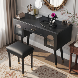 Sunvega Modern Black Vanity Makeup Table with Organizer and Charging Port