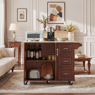 Sunvega Mobile Kitchen Island Cart with 3 Drawers Spice Rack and Drop Leaf Table